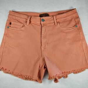 Judy Blue Garment Dyed Coral Orange Frayed Hem Denim Shorts XL JB150217